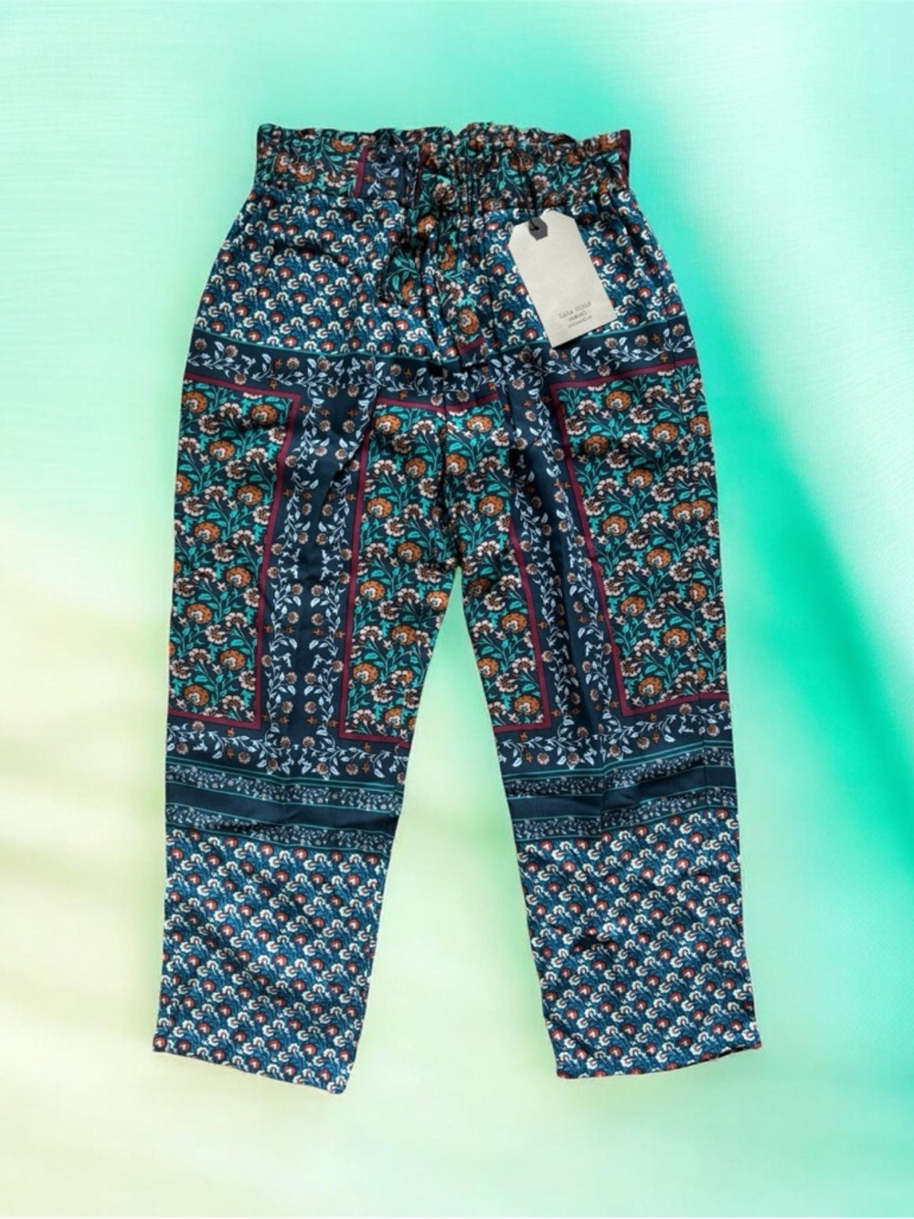 Adorable Zara Kids Boho Print Elastic Waist Pants - Navy Teal Rust Girls Size 8